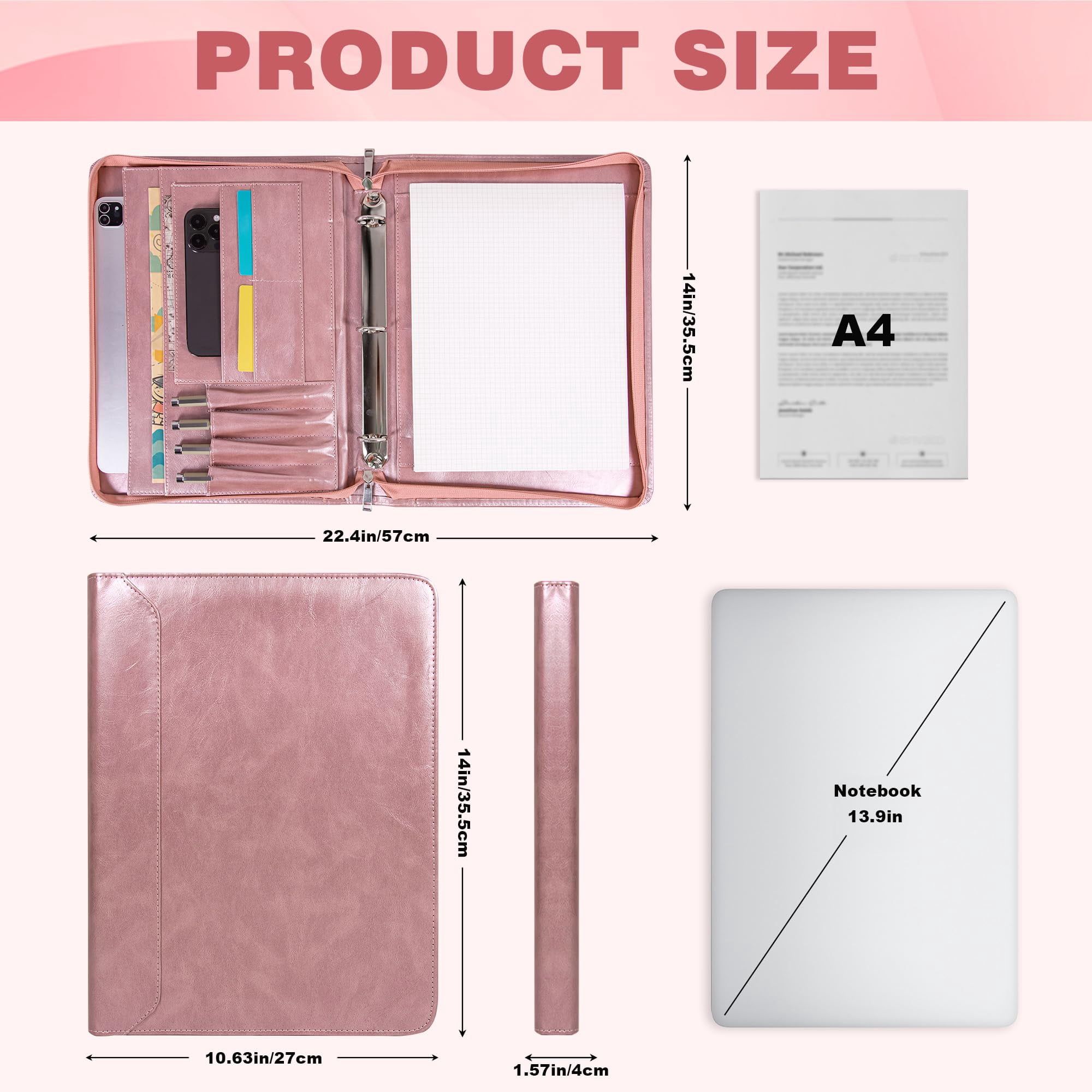 Premium Rose Gold Leather Business Binder – A4 Organizer with Pen Slots, Phone Holder & Multiple File Pockets – Stylish & Practical for Office, Meetings & Professionals