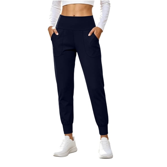 BVnarty Women High‑Waist Stretchy Jogger Pants With Side Patch Pockets, Cuffed Ankle Sport Trousers For Yoga, Walking And Outdoor Workout Navy M