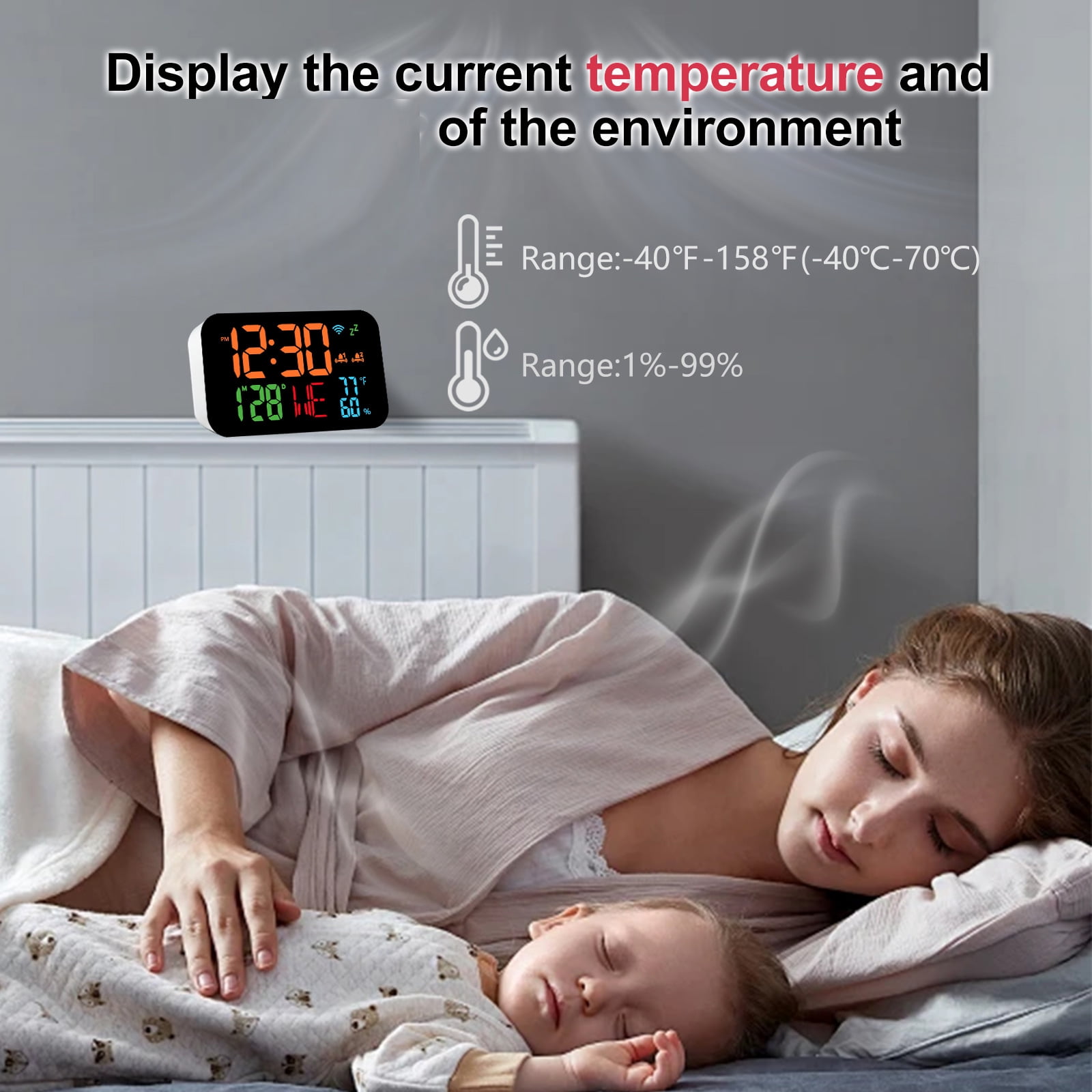 Intelligent LED Digital Alarm Clock Calendar WiFi Temperature Sensing Humidity Monitor Auto Calibration USB Operated