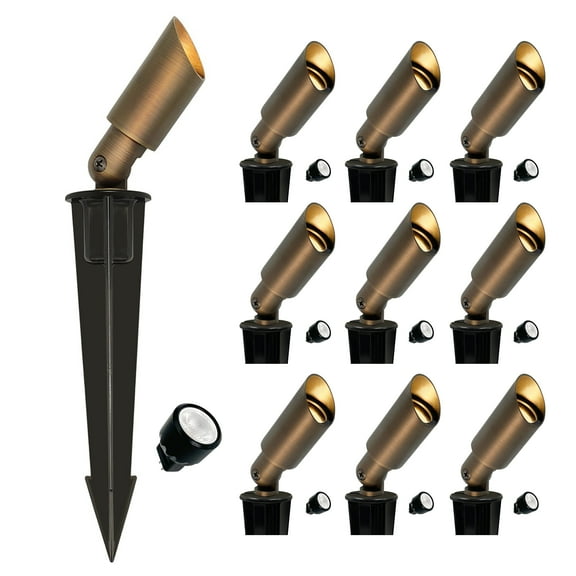 GKOplus Mini Size Brass Landscape Spotlight, Low Voltage 12V AC/DC Outdoor Directional Up Light, 180 Lumens, 3W MR8 LED Bulb ABS Ground Stake Included, 2700K, Garden Patio Trees Spot Uplight (10-Pack)