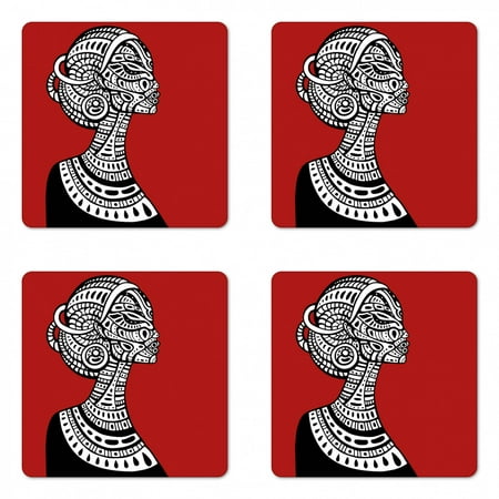 

African Coaster Set of 4 Hand Drawn Ethno Cultural Themed Portrait Complex Square Hardboard Gloss Coasters Standard Size Ruby Black White by Ambesonne