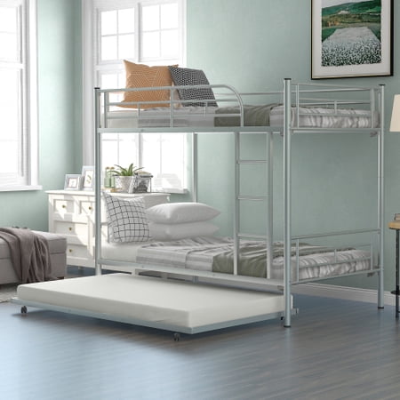 Twin-Over-Twin Bunk Bed With Trundle,Metal Bed for Kids/Teens  Space-Saving Design Bedroom Can be Divided into two beds Convertible Bunkbeds with Safety Guardrails No Box Spring needed Silver