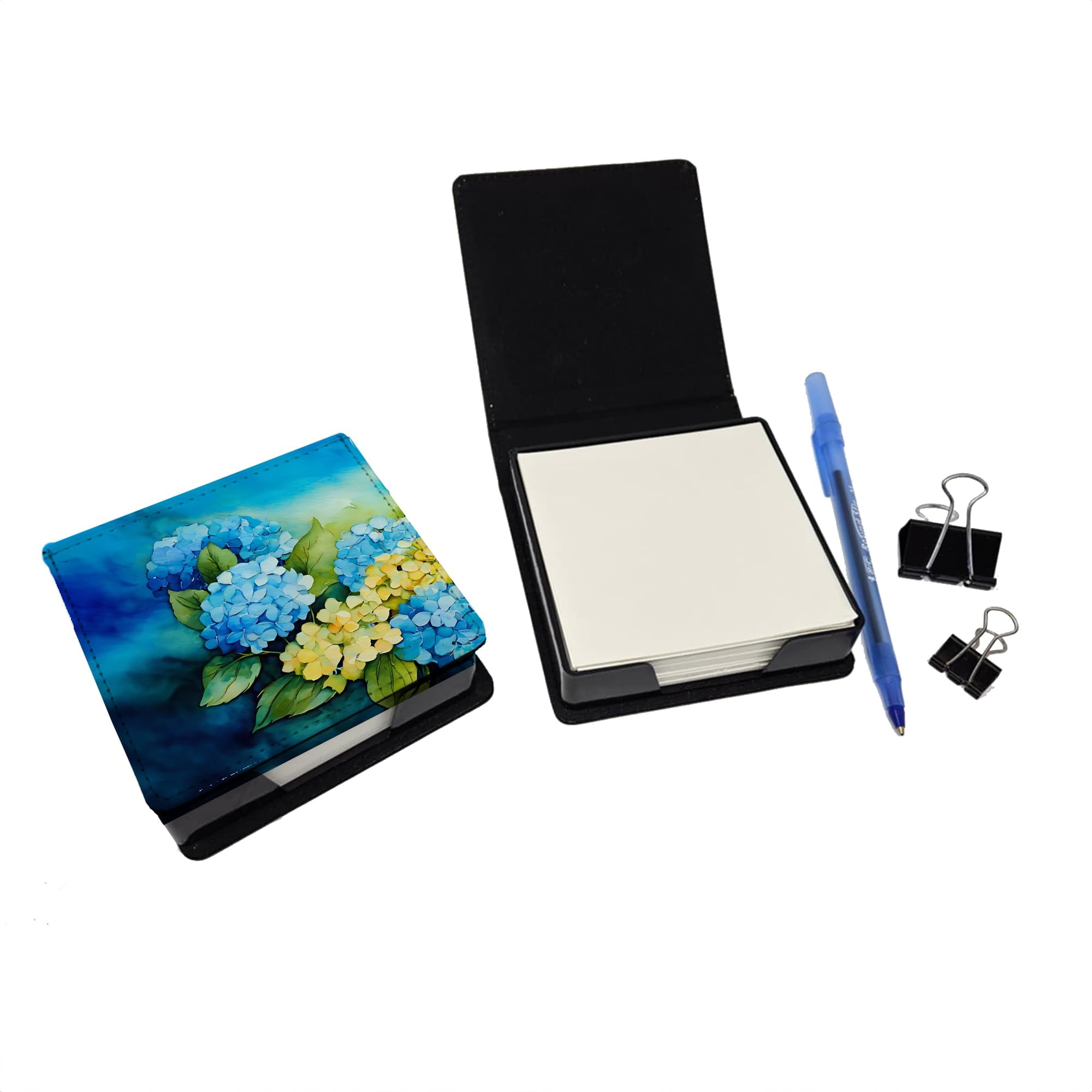 Caroline's Treasures Hydrangeas in Watercolor PU Leather Note Paper Holder with Artist-Designed Cover, Desk Accessory, Office Gift