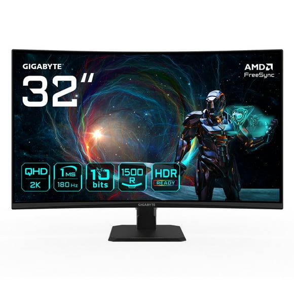 Gigabyte - GIGABYTE GS32QCA 31.5" QHD Curved Gaming Monitor - 2560 x 1440, 180Hz, 1ms, 250 cd/m², FreeSync, HDR Ready, HDMI 2.0, Di