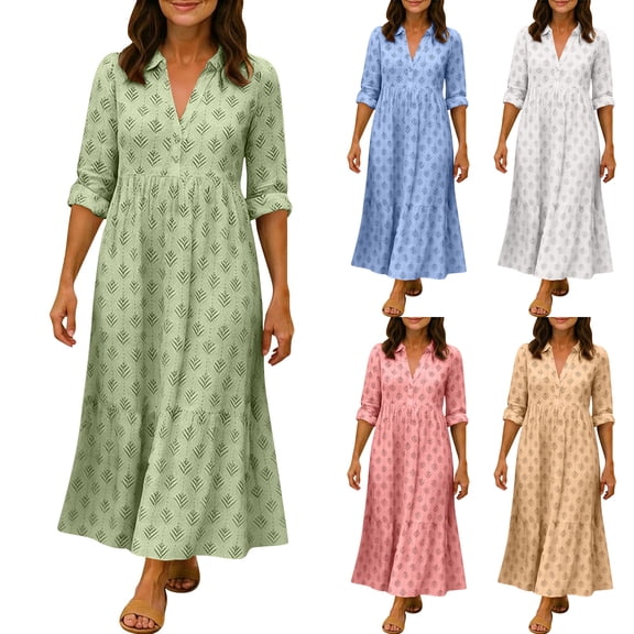 VBVC Women's Button Down Shirt Dress , Ladies' Long Sleeve Collared Tiered Maxi Dress , Summer Boho Casual Vacation Dress For Women,Green,S-3XL