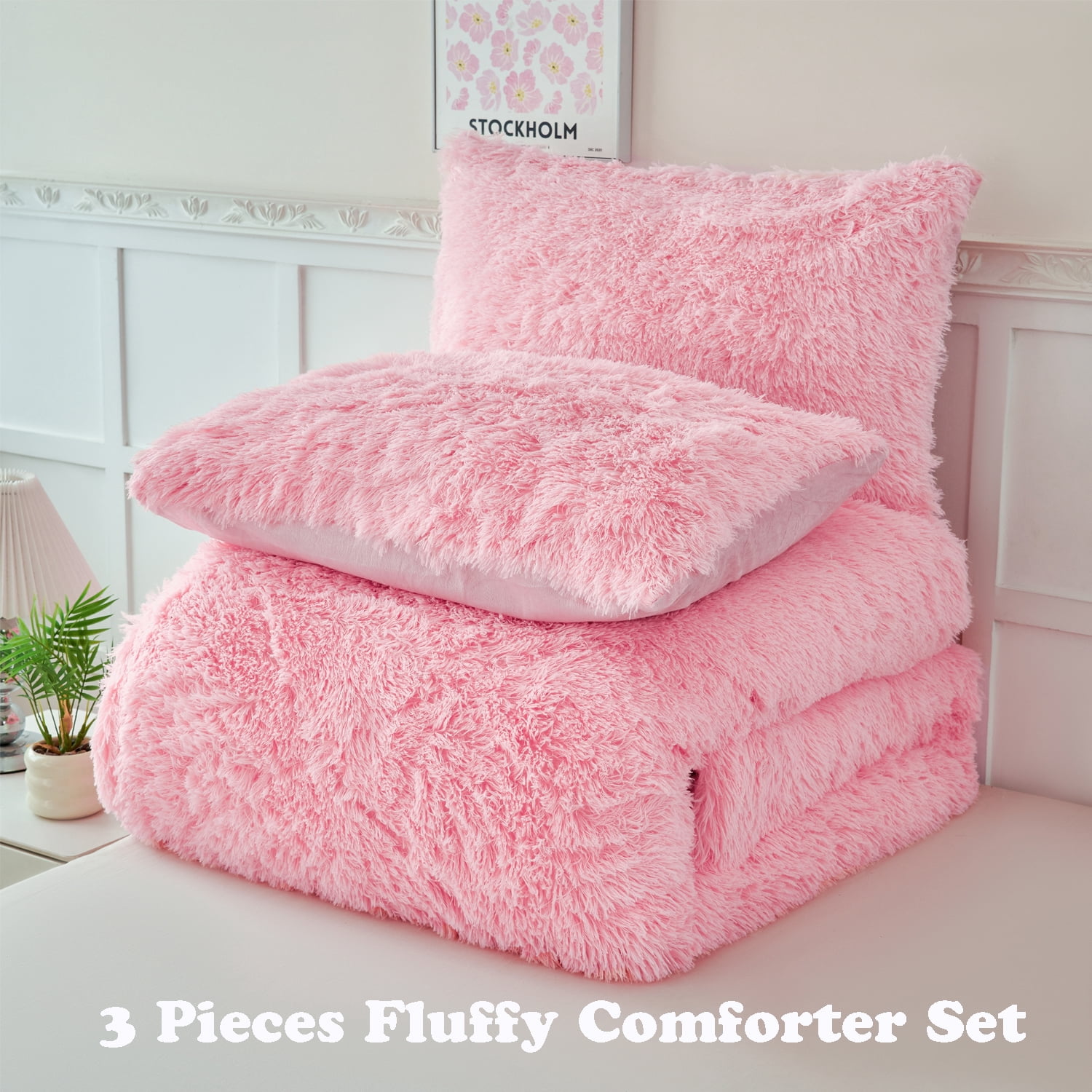 URBONUR 3 Pieces Pink Bedding Comforter Set Queen Size Faux Fur Comforter Sets for Women Girls Plush Fluffy Bedding Sets for All Season(1 Shaggy Comforter + 2 Faux Fur Pillowcases)