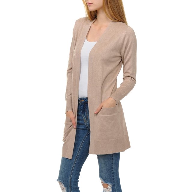 Womens Light Weight Open Front Long Cardigan with Pocket (Large, Khaki)