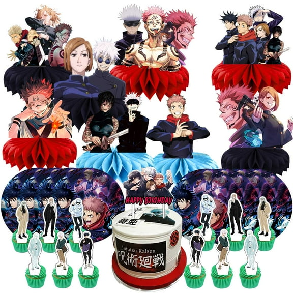 Jujutsu Kaisen Party Supplies Decor Plates Fans Decorations Honeycomb Centerpieces Cake Toppers