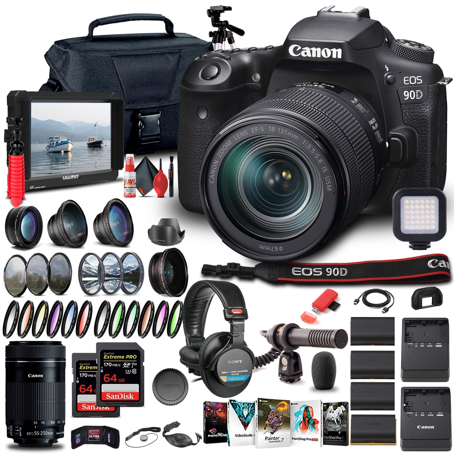 Ophef calorie struik Canon EOS 90D Camera W/ 18-135mm and Canon EF-S 55-250mm Lenses - Pro  Bundle - Walmart.com
