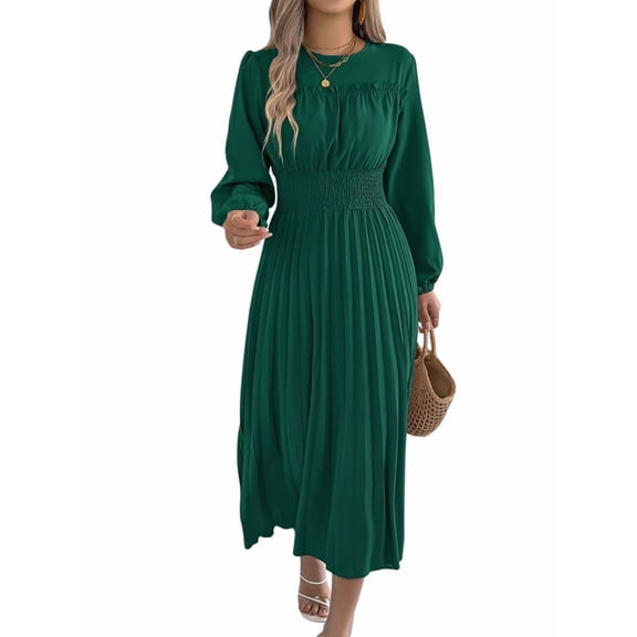 Womens Elegant Ruffled Long Sleeve Shirred Waist Pleated Maxi Dress for Women Flowy Bohemian Gown Green L