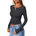 thumbnail image 3 of Women'S Long Sleeve Shirts Henley Casual Fall Outfits Fitted Tops Ribbed Fashion Basic Tees Dark Gray XL, 3 of 8