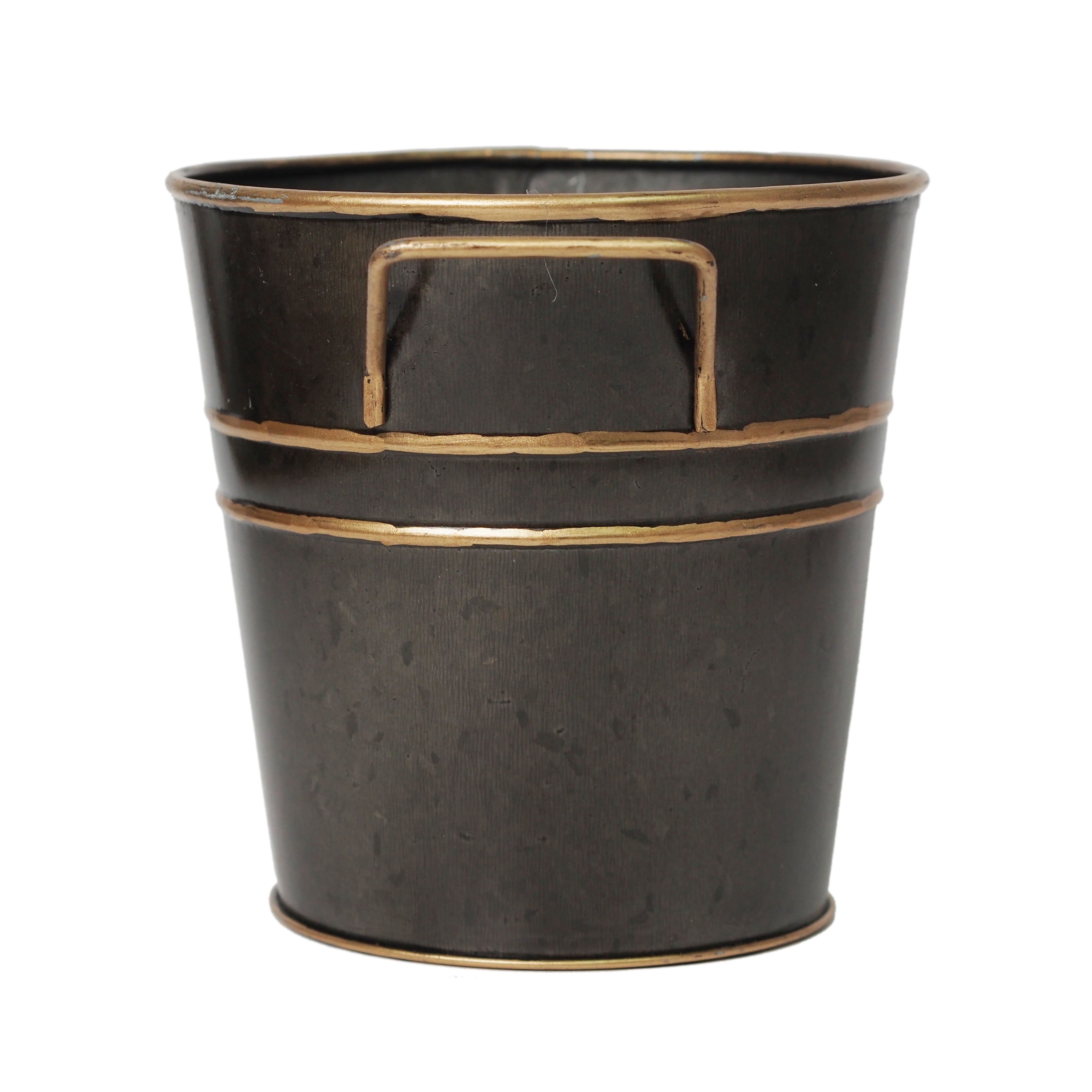 Elegant Expressions by Hosley Metal French Bucket with Handles, 5'', Black Zinc with Gold Trim