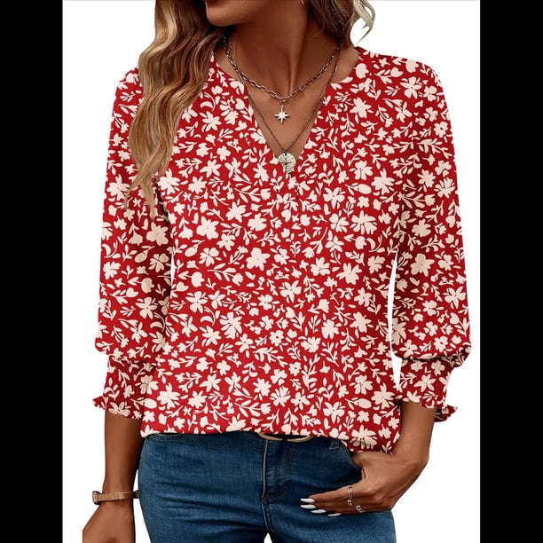 Blusas de Moda para Mujer 2025, Blusas Informales de Negocios con Mangas 3/4, Camisetas de Verano. Rojo XXL
