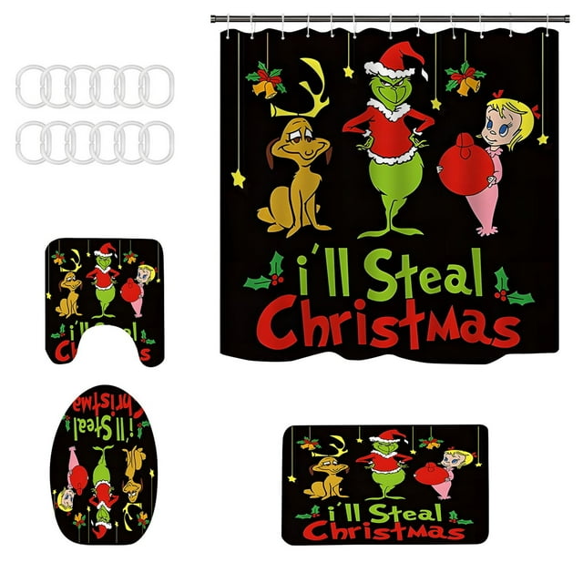 Shower Curtain Set 4PC How The Stole Christmas Shower Curtain And Mat Set Washable Bathroom Decorations 4PC