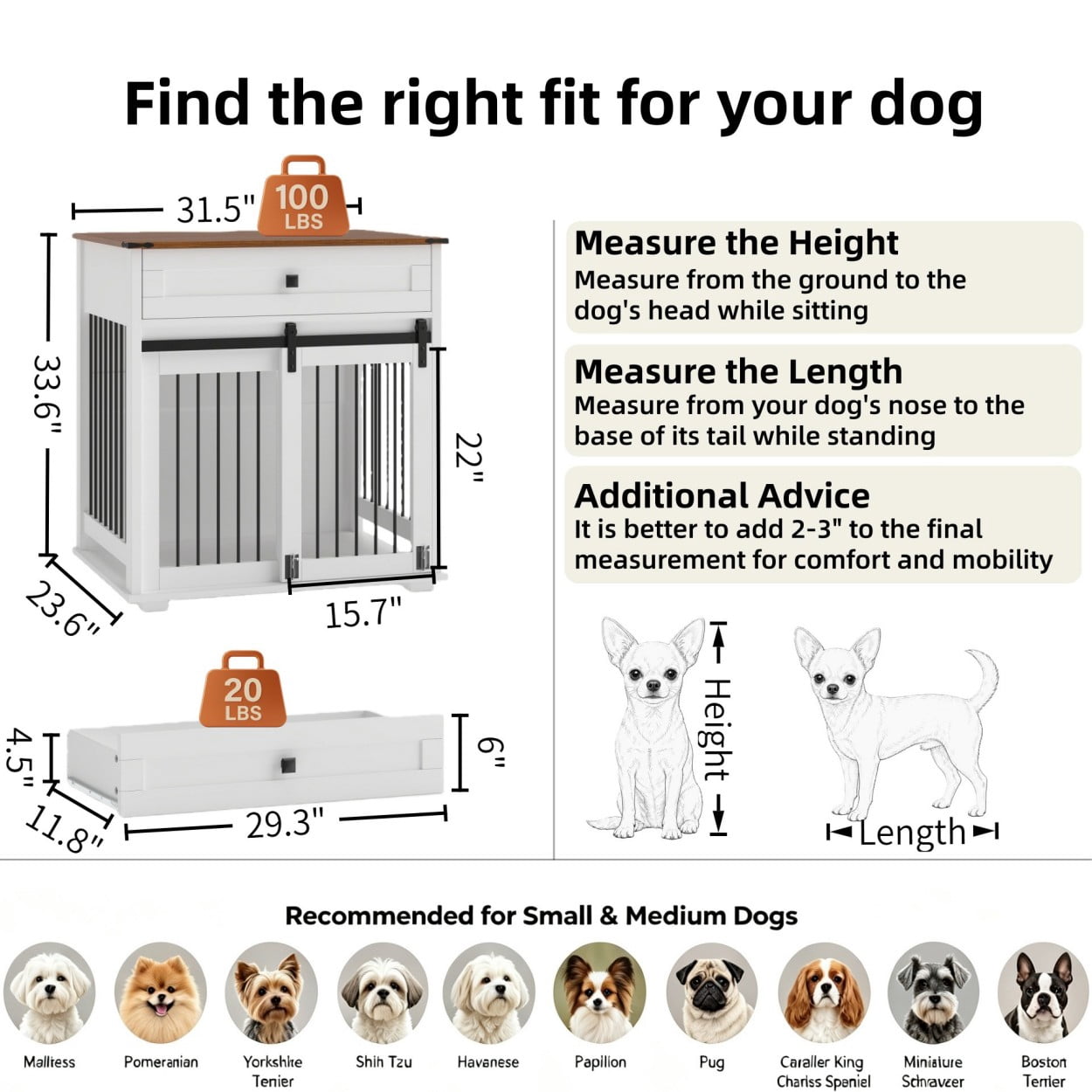 Dog Crate Furniture with Sliding Barn Door, Storage Drawer & Metal Bars, Heavy Duty Indoor Kennel End Table for Small & Medium Dogs, Brown white