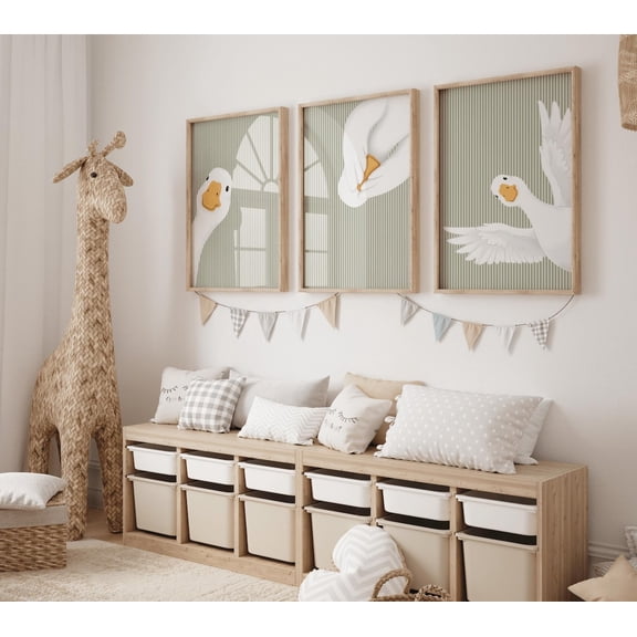 Sage Green Stripes Goose Nursery Wall Art Peekaboo Room Decor Peeking Farm Animals Set 3 Unframed Paper Print 8x12