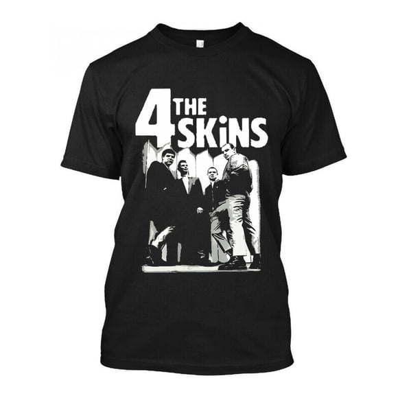 The 4-Skins Retro Band Logo Graphic T-Shirt - Black with White Print, Classic Round Neck Short Sleeve, Regular Fit Casual Tee