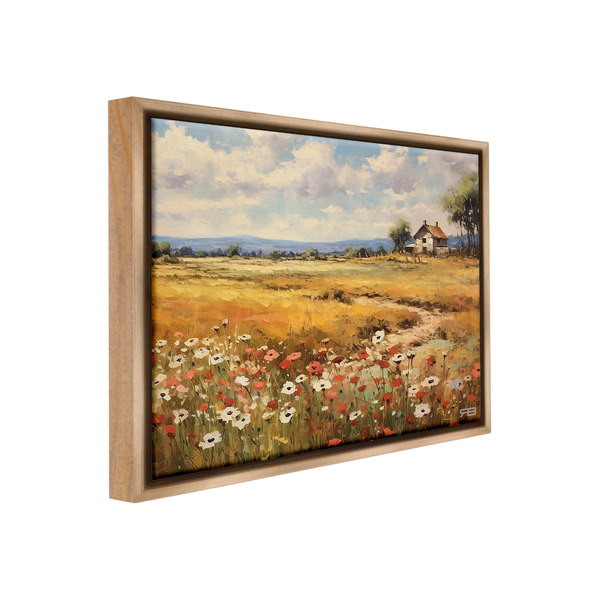 Stupell Industries Countryside Poppy Meadow Landscape Painting Brown Floater Framed Canvas Art Print Wall Art, 21 x 17