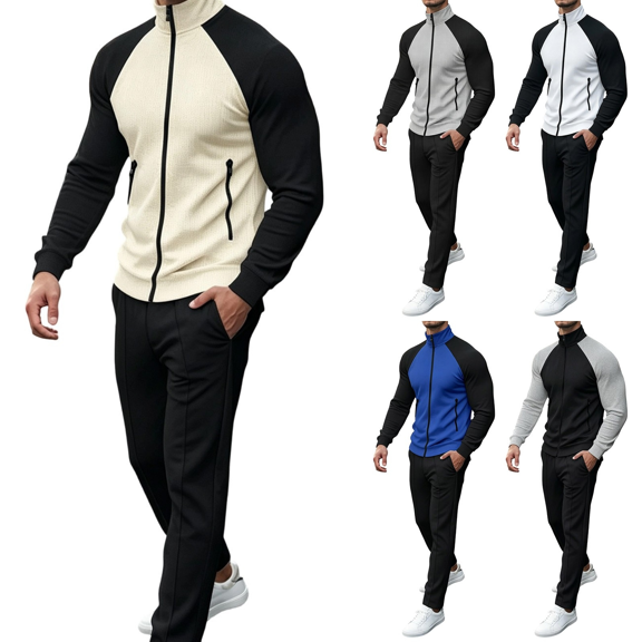 Frnrwgo Mens 2-Piece Tracksuit Jacket and Pants Set Loose Fit Color Block Raglan Sleeve Casual Fall Winter Outfit with Full zip