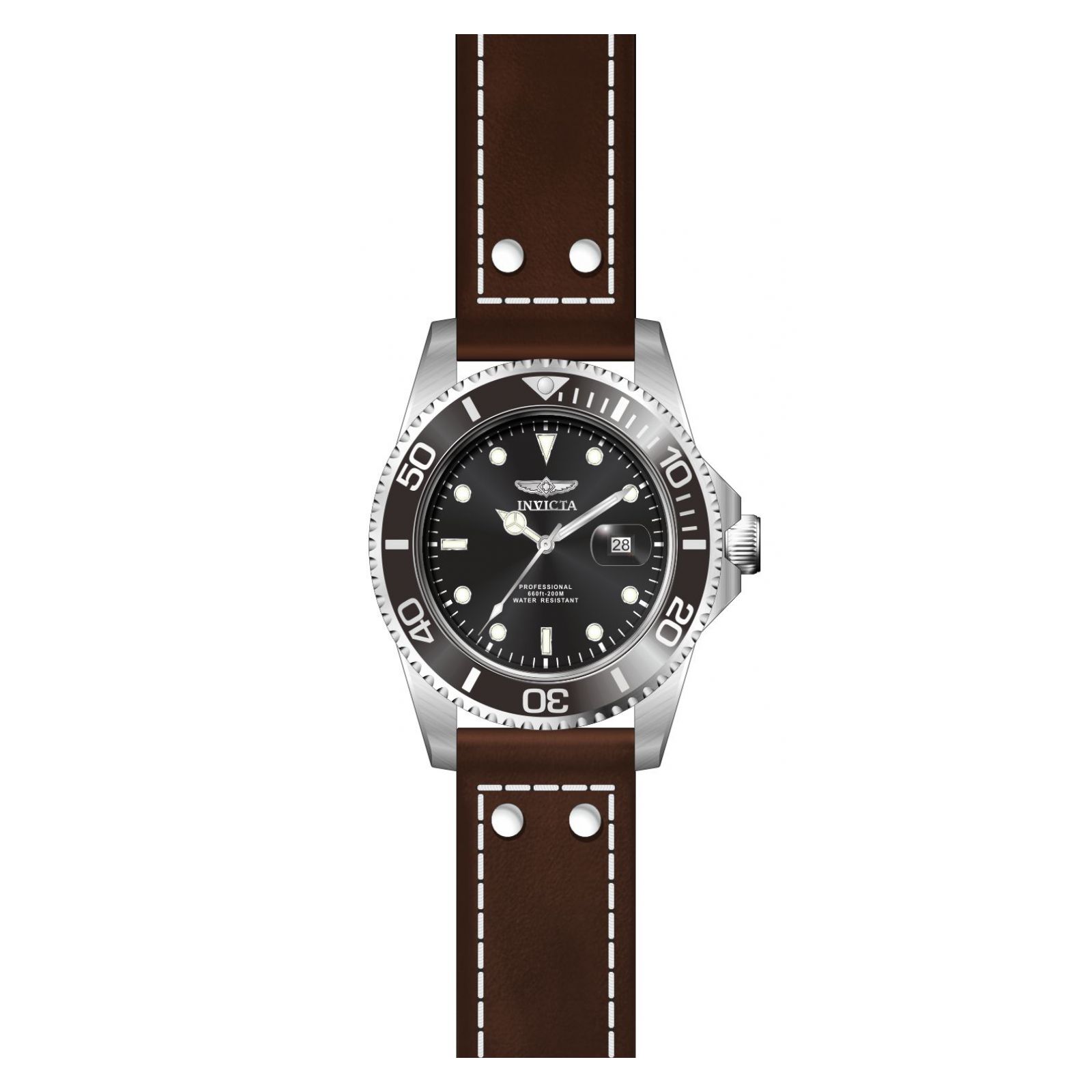 Invicta Men's 22069 Pro Diver Quartz 3 Hand Black Dial Brown Leather SS Watch