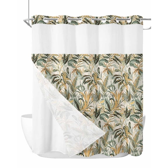 No Hook Cloth Fabric Shower Curtain with Snap in Liner, Summer Palm Waterproof Shower Curtains Set with See Through Top Window, Vintage Tropical Botanical Leaves Bath Curtains Shower 66"x72"