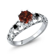 1.11 Cttw Red Garnet and Black Diamond Engagement Ring for Women | 925 Sterling Silver | Gemstone Birthstone | Three Stone Wedding Engagement Anniversary Promise Ring for Women | Size 8