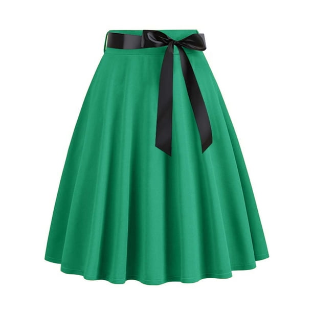 Falda acampanada con cinta, color liso, para mujer: cintura alta, corte acampanado, estilo informal/de fiesta para todas las estaciones