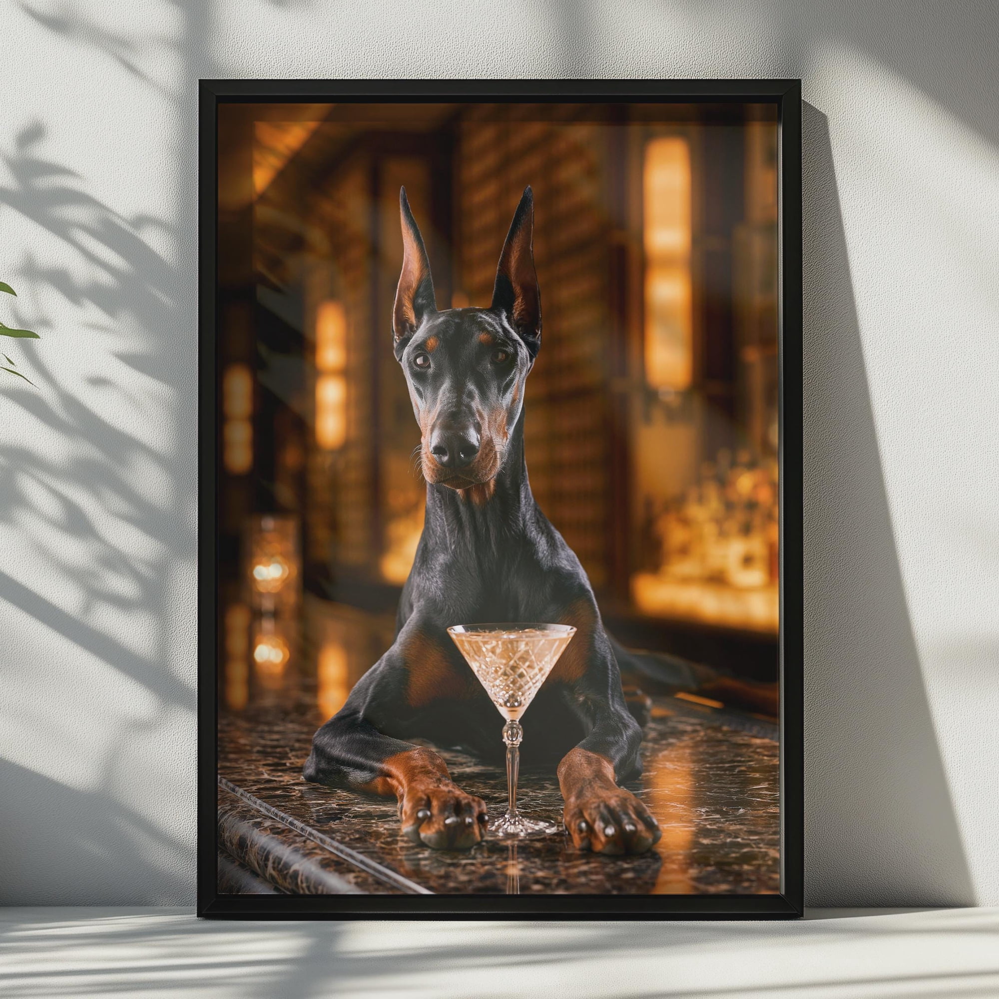 Dobermann At Bar Cocktail Dog Moody Luxury Poster , Poster Print Only