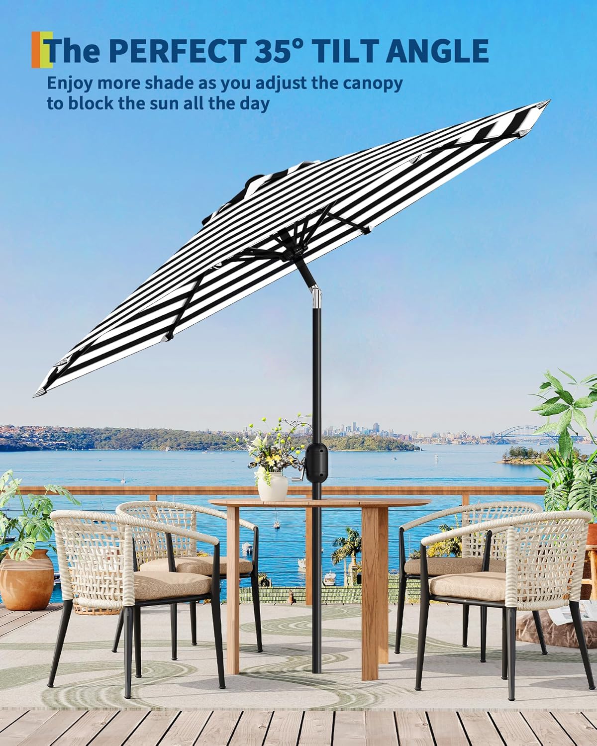 Memoryfield 9FT Outdoor Patio Umbrella with 8 Ribs, Push Button Tilt & Crank, Striped Market Umbrella, UV Protection Waterproof for Pool, Deck, Garden, Black & White