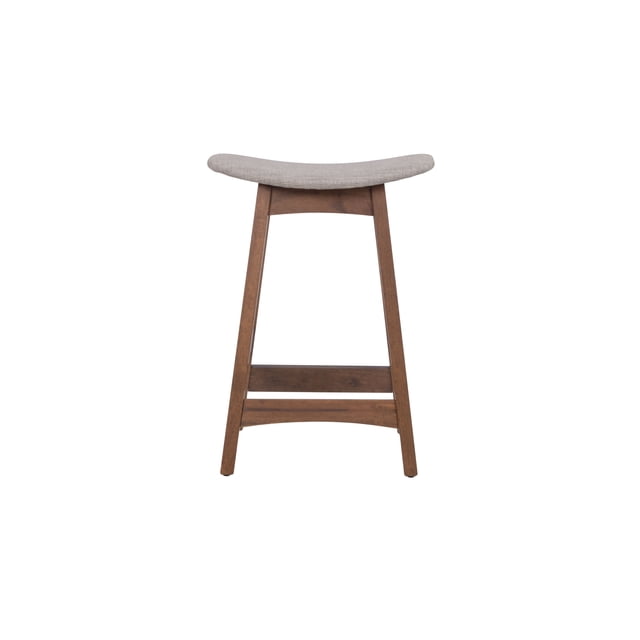 banco alto hualet 57 cm - nogal, taburete de bar con estructura en nogal y reposapiés horizontal; asiento curvo tapizado claro, vista frontal centrada sobre fondo blanco; a menudo usado como auxiliar para barras o desayunadores por su formato compacto.