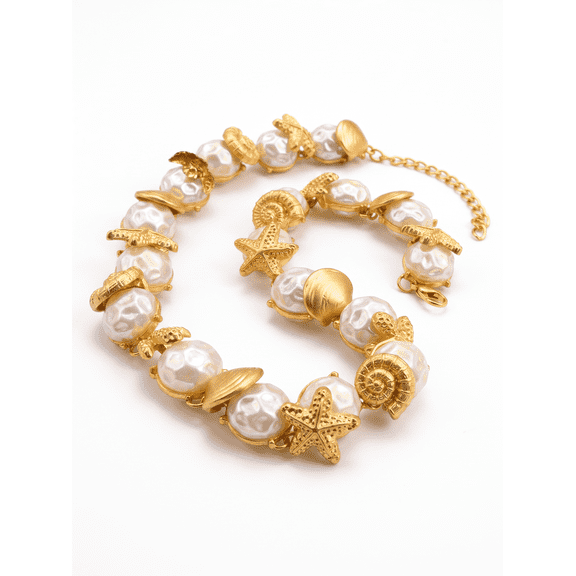 RUNDRAW Gold Plated Ocean Theme Starfish Shell Iridescent Pearl Beaded Choker Necklace for Women