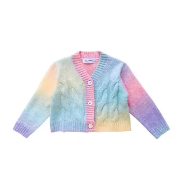 Cardigan Fille Mode Décontracté Chaud Tricoté Double Couche Col en V Multicolore 3T