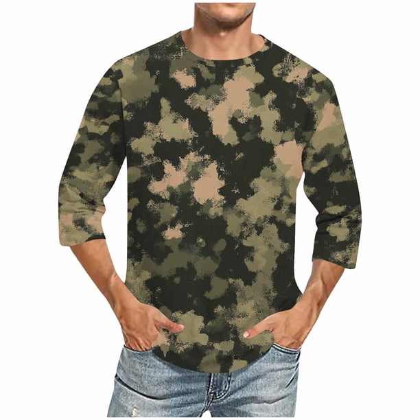Camisetas de Manga Larga para Hombres Camiseta de Culturismo de Movimiento de Impresión de Camuflaje de Manga de Tres Cuartos, Mezcla de Poliéster de Lino de Algodón