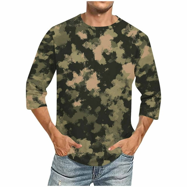 Chemises à Manches Longues pour Hommes, T-Shirt de Musculation à Manches Trois Quarts à Imprimé Camouflage, Mouvement, Mélange Coton Lin Polyester