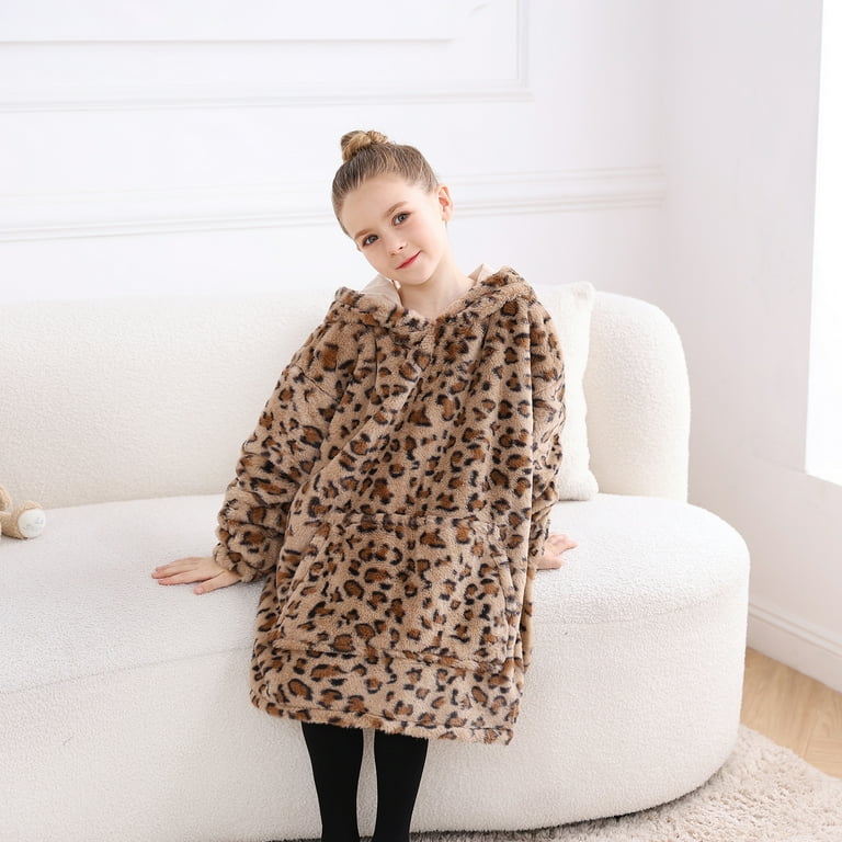 softan Wearable Blanket Hoodie for Kids Toddlers Super Cozy Warm and Soft Hooded Blanket Sweatshirt with Large Pocket Brown Cheetah Print Faux Fur