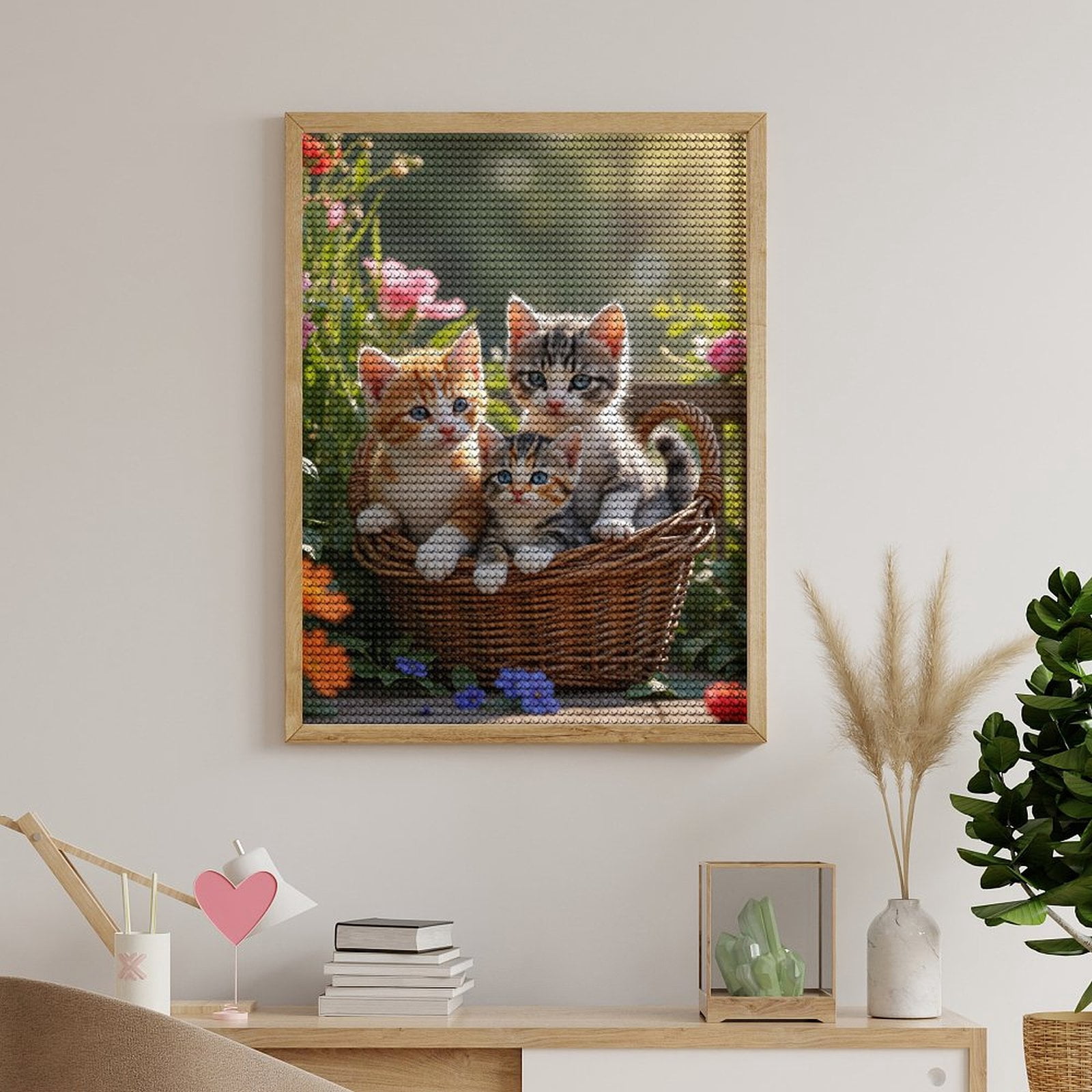 Diamond Art Kits for Adults, Kittens In Basket Among Flowers 5D Diamond Painting Kits for Adults Beginners, DIY Full Drill Diamond Painting, Gem Art and Crafts 12x16