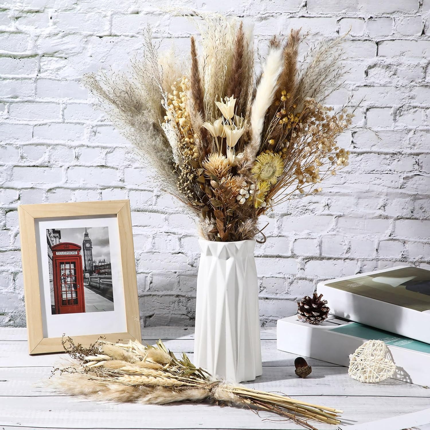 4 Pack Large Size Boho Dried Flower Bouquet 15-17 Inch Wedding Handmade Dry Flowers for Vase Crafts DIY Photo Boutonniere for Men Floral Plant for Bridesmaid Gift Birthday Decor(Classic)