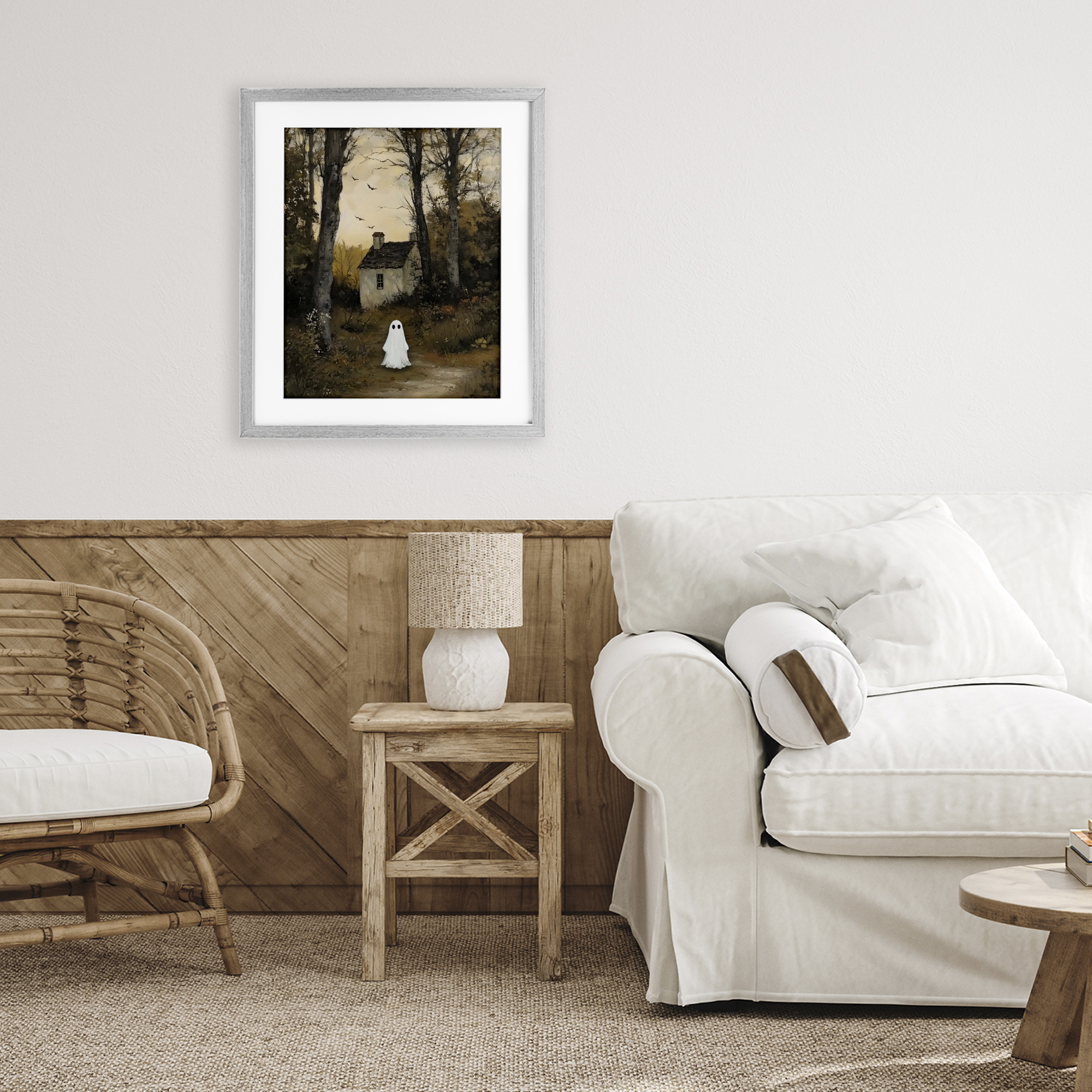 Little Ghost in Cottage Forest Gray Framed Print Under Glass, design by Arlington Prints