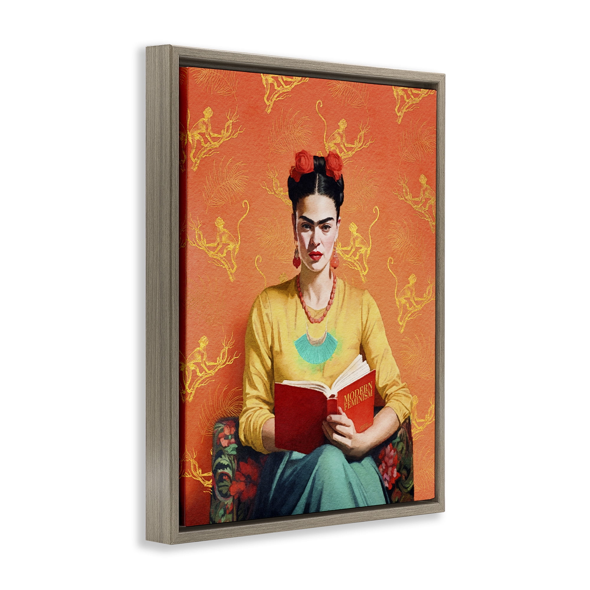 Stupell Industries Modern Frida Kahlo Literature & Flim Painting Brown Floater Framed Canvas Art Print Wall Art, 17 x 21