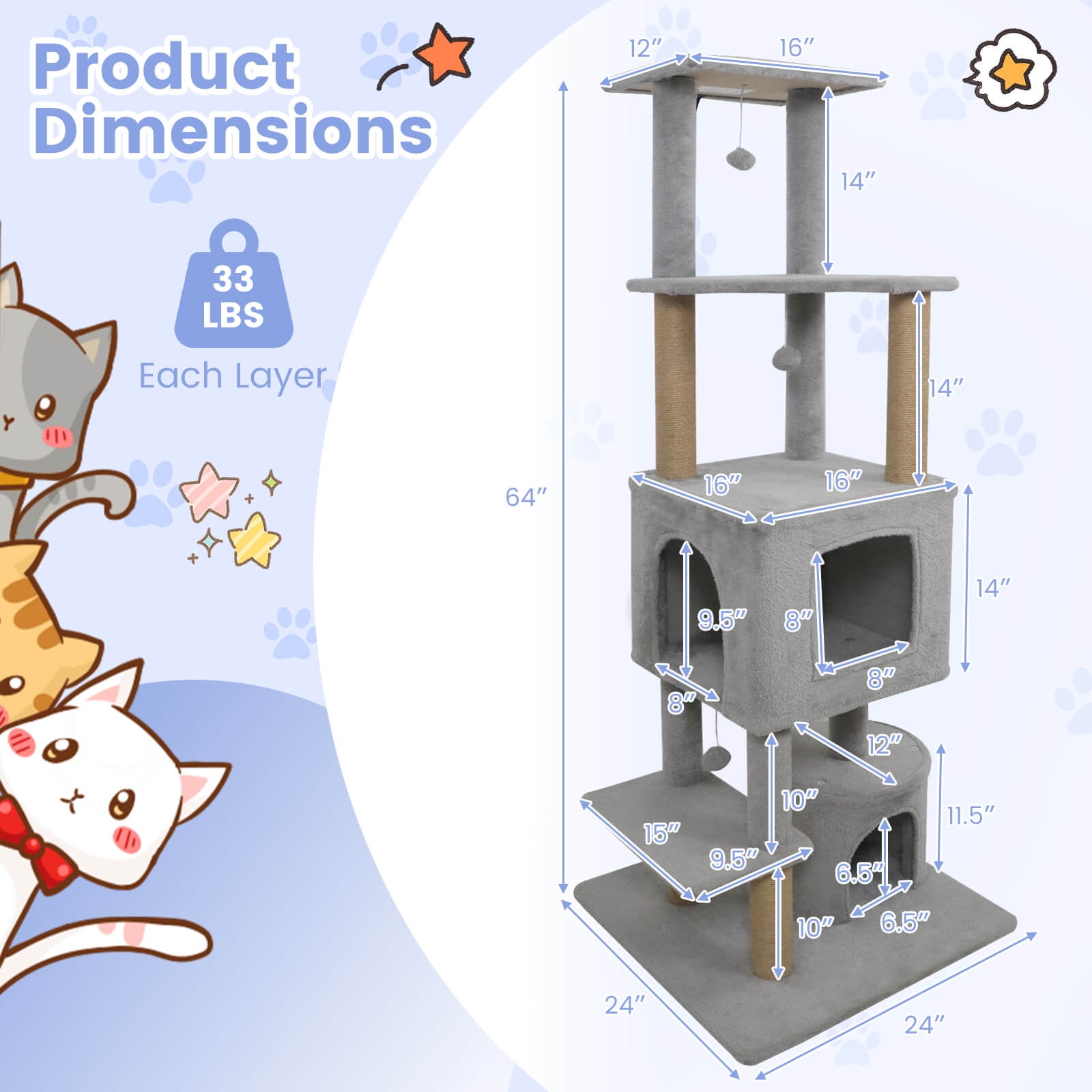 Costway 64” Tall Cat Tree with 2 Large Condos, Jute Scratching Posts, Plush Top Perch Light Gray