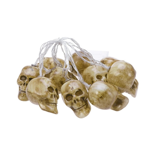 Guirnalda de luces LED de Halloween de 1,5 m con 10 luces LED a pilas, con forma de calavera, para decoración de fiestas, patios y jardines (pilas no incluidas).