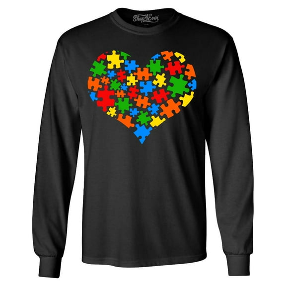 Shop4Ever Men's Puzzle Heart Support Autism Awareness Long Sleeve Shirt 2XL Black