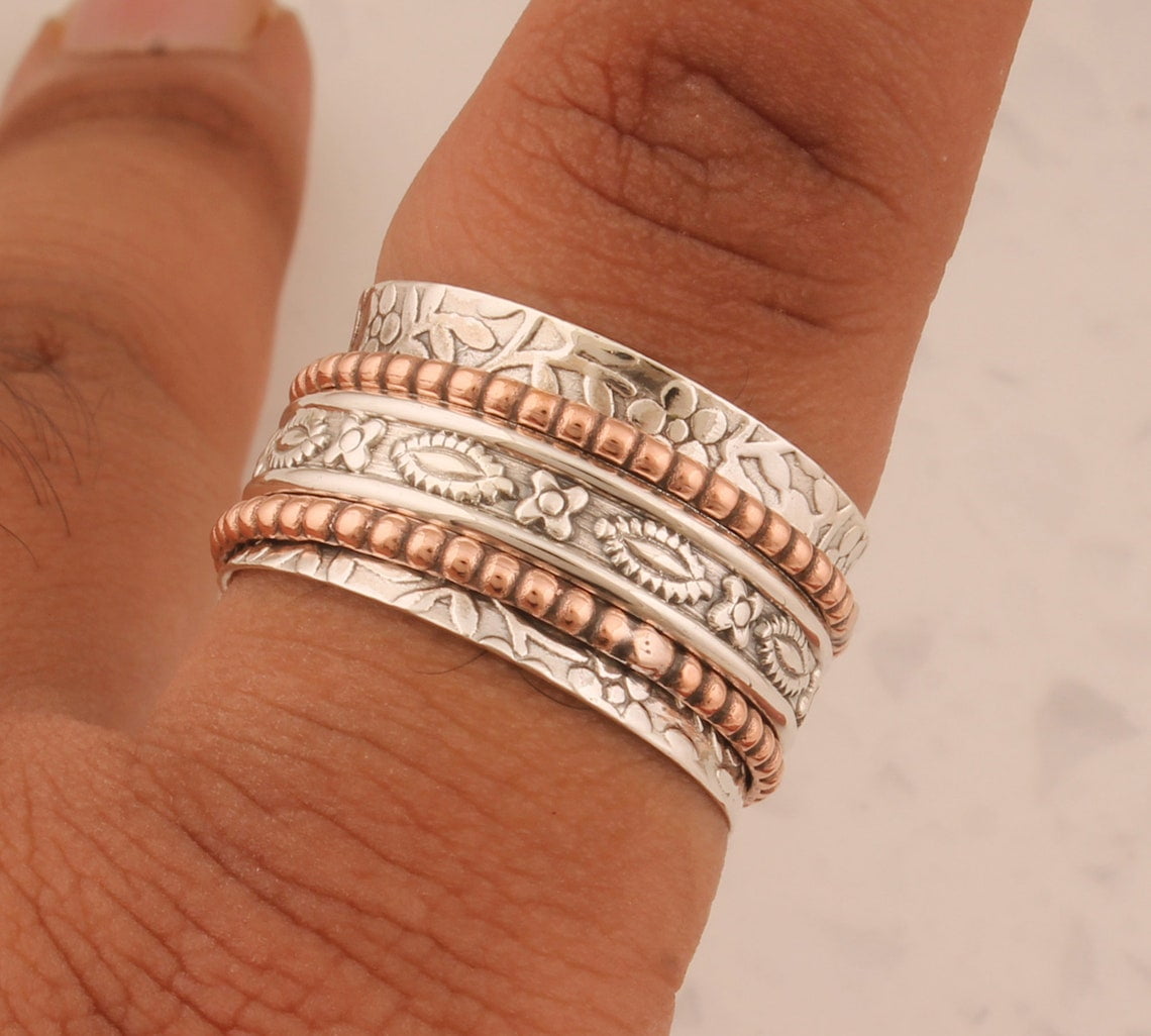 SS DESIGNS- Sterling Silver Spinner Ring | Handmade Two-Tone Silver Meditation Fidget Ring for Stress Relief | Mixed Metal Thumb Band 925