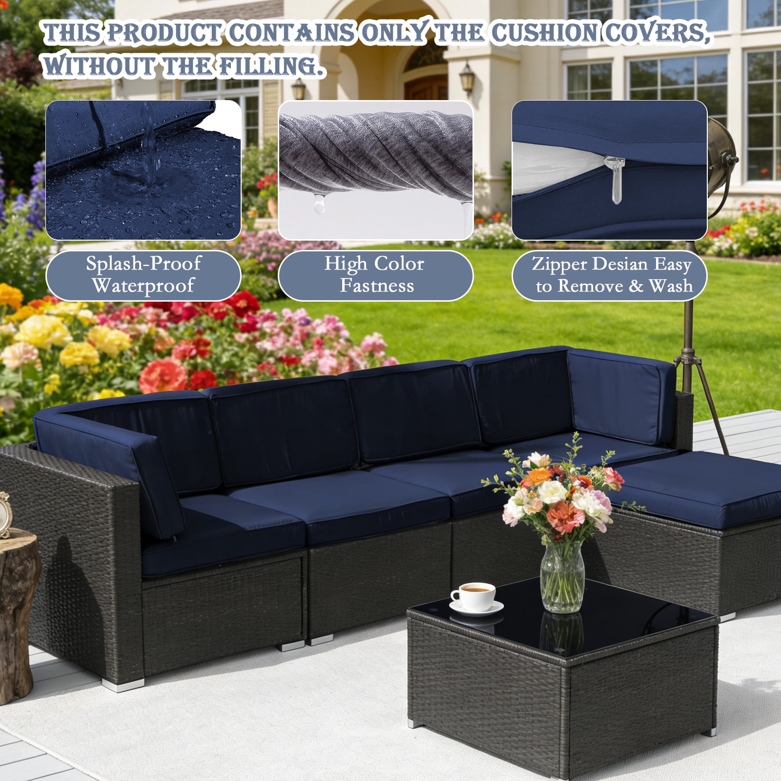 FKS LIFE 11 Pack Outdoor Patio Cushion Covers, Water Resistant Fade Resistant Washable Furniture Slipcovers for Sofa and Chairs,Dark Blue