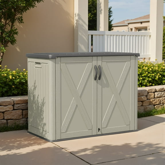 Patiowell 25 Cu.ft Outdoor Storage Shed with Floor, Horizontal Weatherproof Resin Cabinet for Patio, Garden Tools, Pool Supplies, Beige
