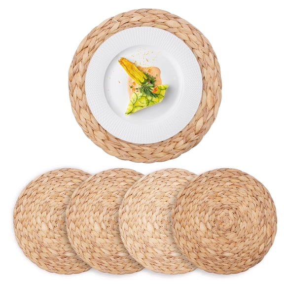 4 Pack 11.8 Inch Natural Water Hyacinth Hand Woven Round Placemats Heat Resistant Anti Slip Table Protector Mats for Kitchen Dining Wedding Farmhouse Decor