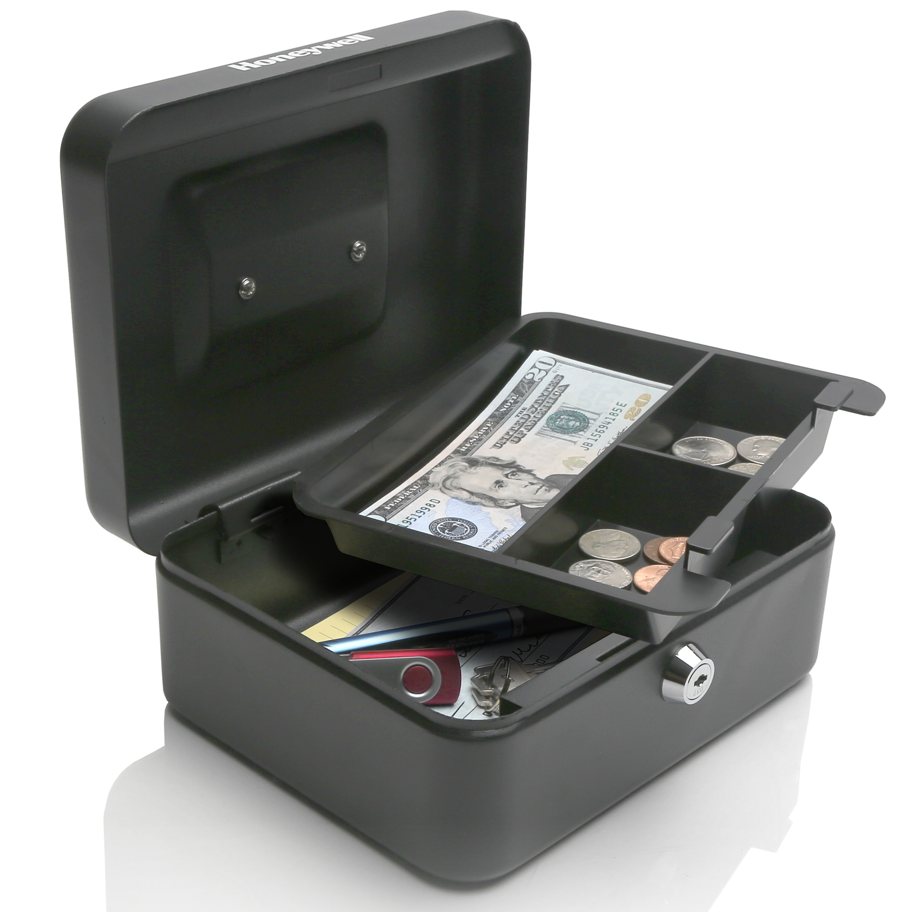 Honeywell Small Key Locking Steel Cash Box with Removable Tray 1 Bill/3 ...