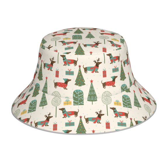 Honeii Christmas Dachshund Dog for Unisex Bucket Hat Waterproof Rain Hat Reversible Shiny Rave Bucket Hat for Concert Festival Boonie Cap