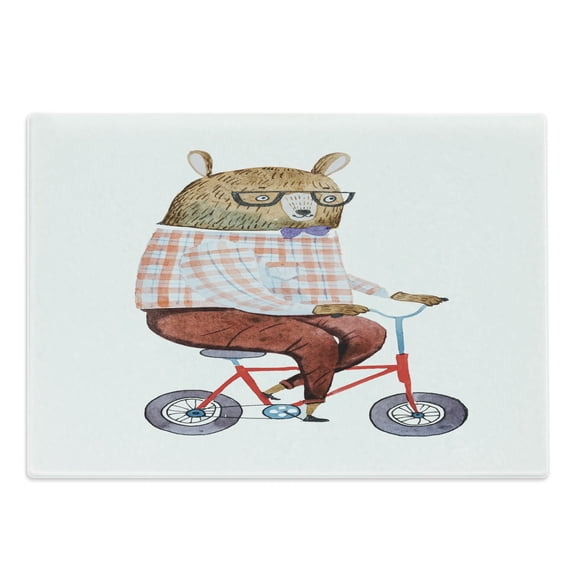 Funny Cutting Board, Cartoon Bear Dressed up in Hipster Clothes Riding a Bike Watercolor Urban Character, Decorative Tempered Glass Cutting and Serving Board, Large Size, Multicolor, by Ambesonne