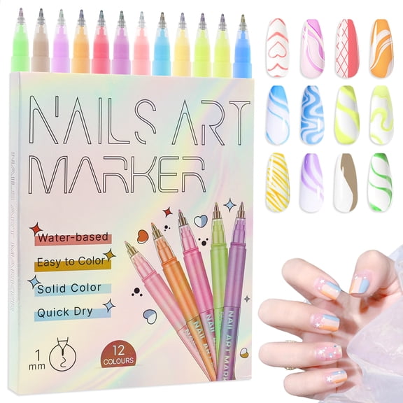 Grusce 12 Color Nail Art Pens Set, 1MM Quick-Dry Nail Polish Pens, Nail Art Painted Pen Kit, DIY Nail Art Marker Graffiti Dotting Pen, Drawing Painting Pen Kit for Manicure Art Design